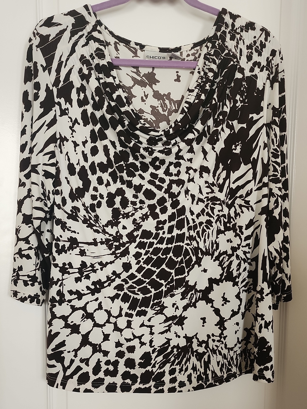 Chico's Brown and Off White Drape Neck Long Sleeve Top Size XL Chico's Size 3